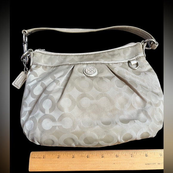 COACH Op Art Satin/Leather Small Handbag Shoulder Bag Beige - Picture 3 of 10